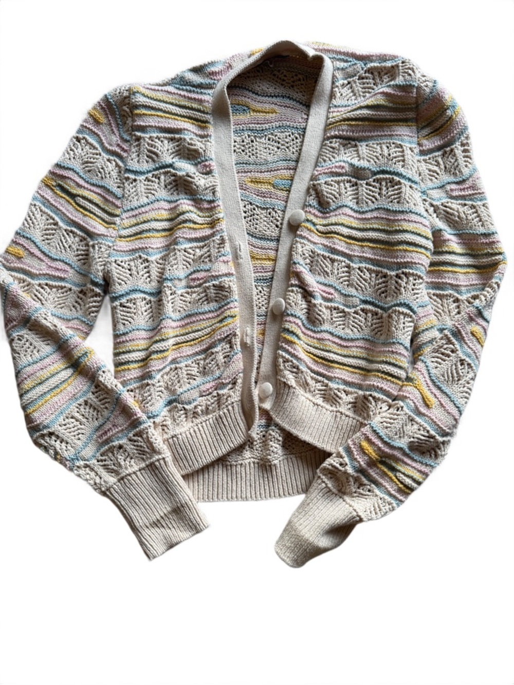 Zara Cream Knit Cardigan with Pastel Stripe Accents